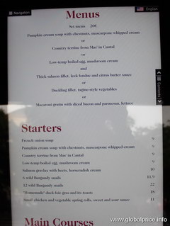 Food prices in Paris restaurants, set the restaurant menu in the center